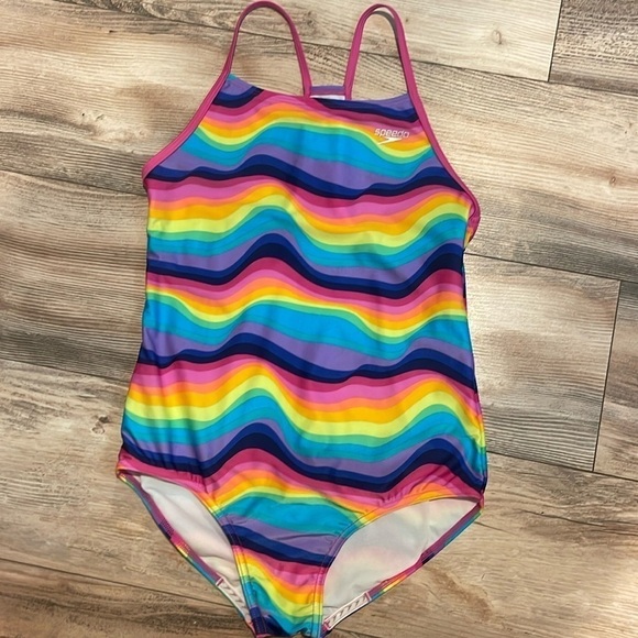 Speedo Girls XL Size 16 One Piece Rainbow Striped Swimsuit Swimming Uniform - Picture 1 of 3